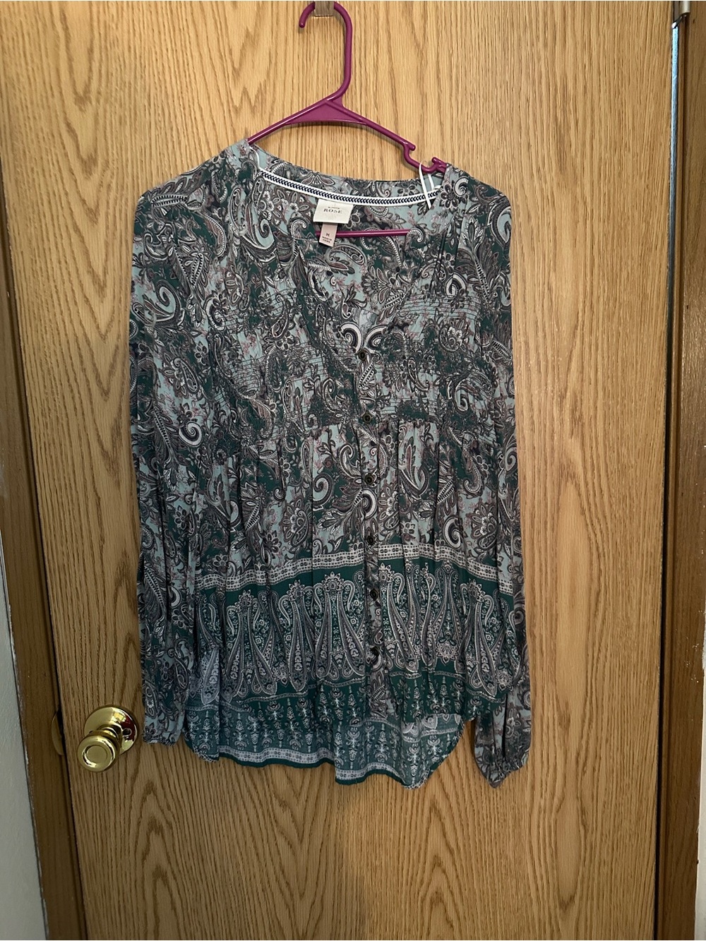 Knox Rose Paisley Button-Front Blouse in Teal and Gray